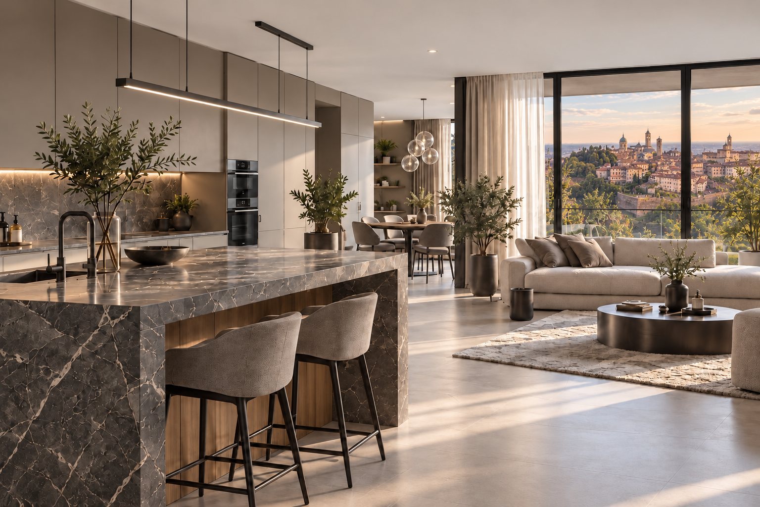 Open space con cucina a isola in marmo e vista su Città Alta