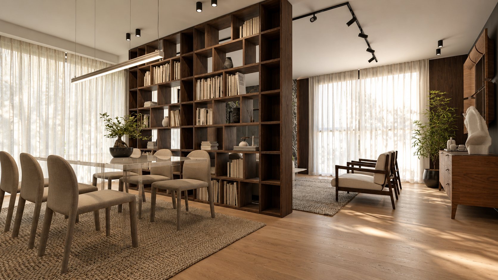 Open space residenziale con libreria divisoria in legno